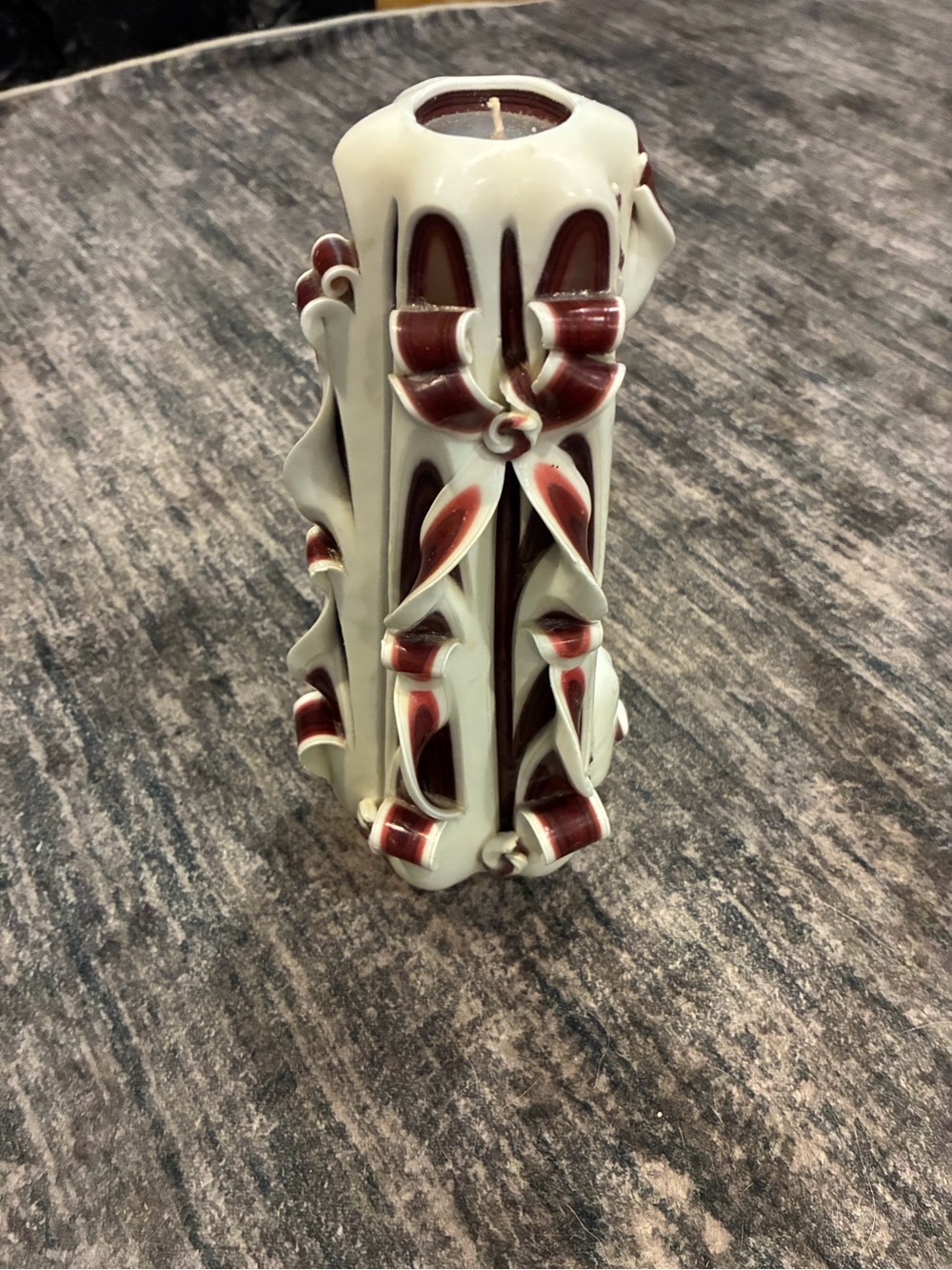 Carved Decorative Candle - Cream and Burgundy Home Art